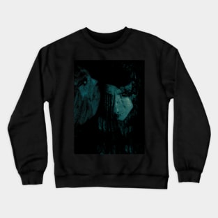 Portrait, collage, special processing. Man, dark costume, long hair, looking down. On left demon of gold. Aquamarine, like drawn. Crewneck Sweatshirt